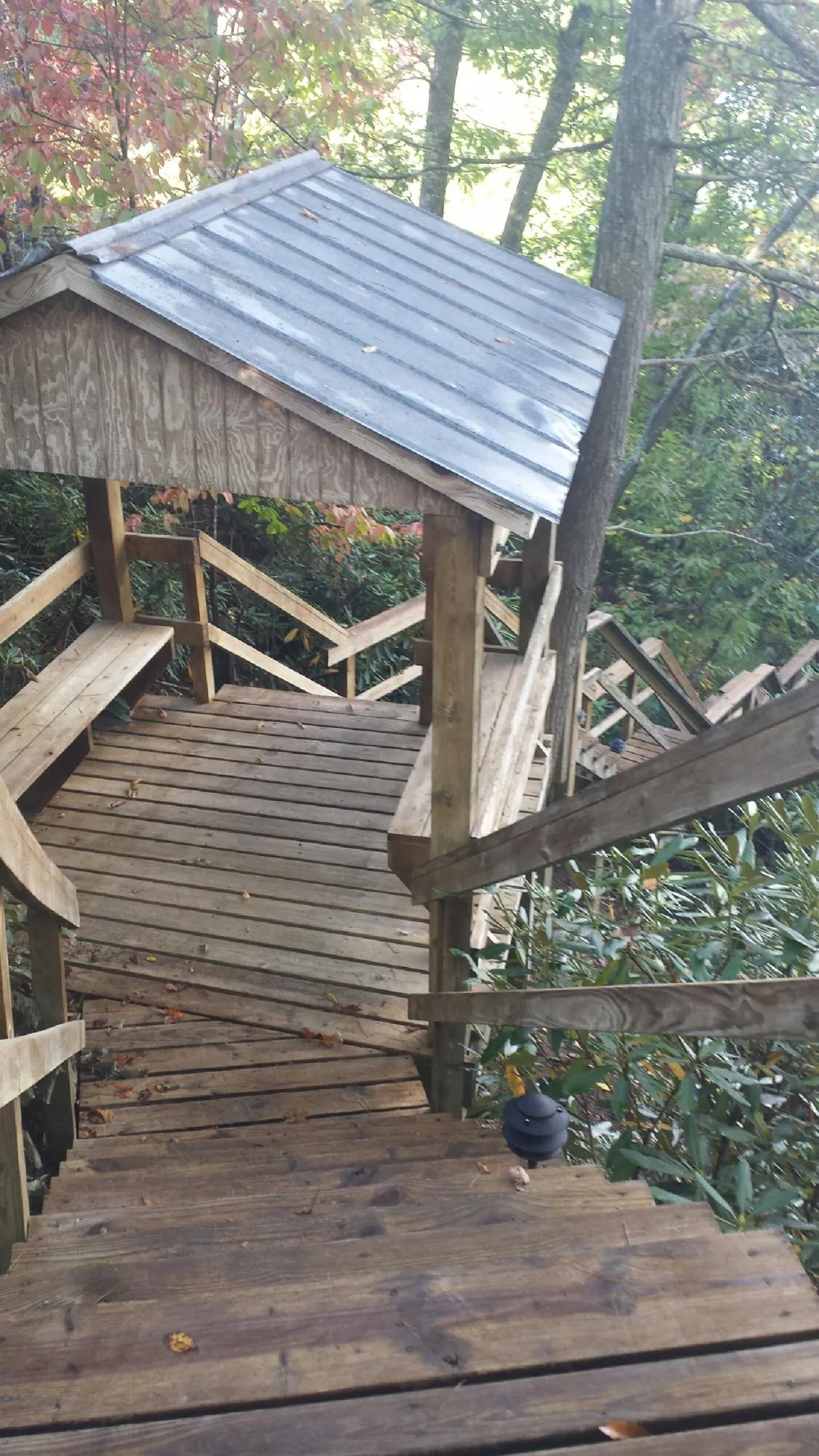 Metal roofed shelter over wooden steps on a wooded walkway — Skylight Repair & Installation work by our crew in Briggsdale